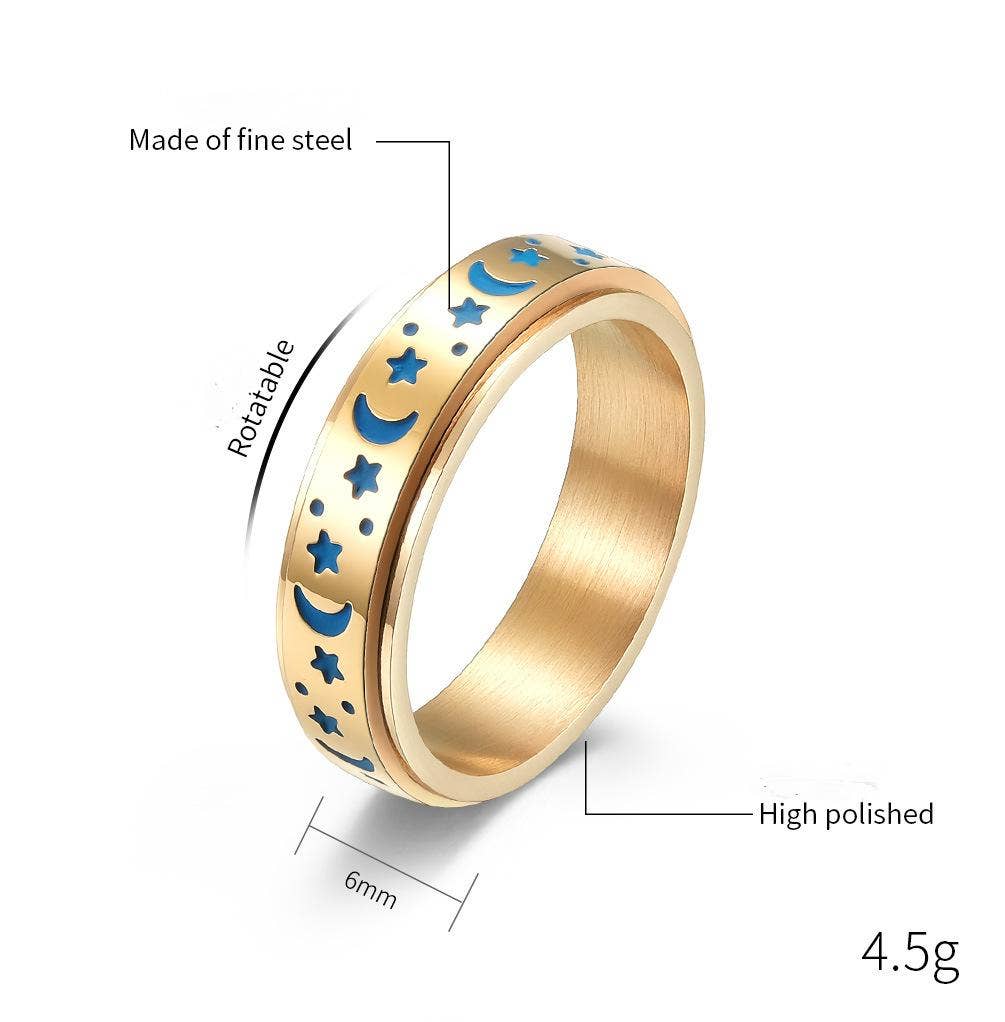Luminous Stainless Steel Star Moon Rotatable Ring - MS