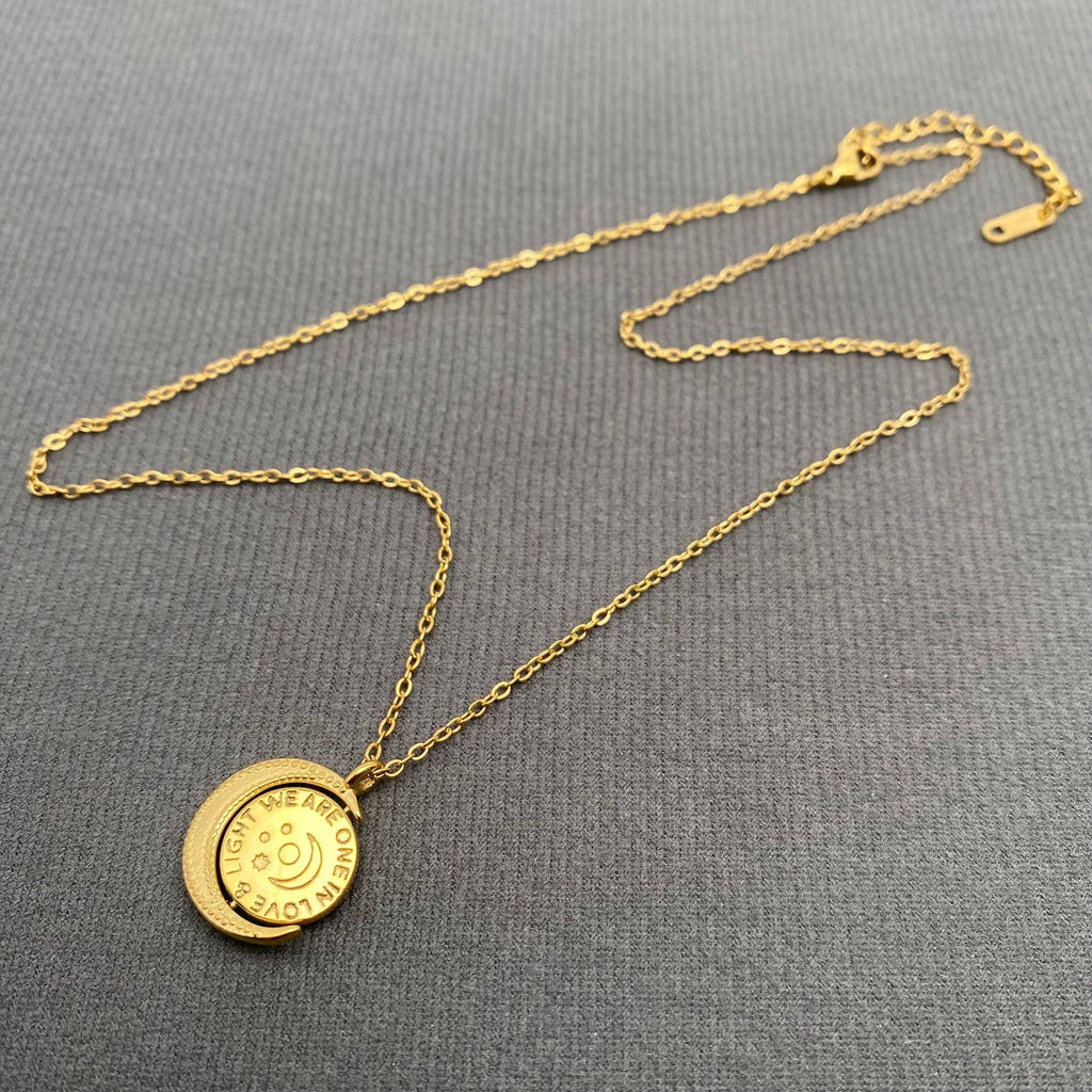 Rotatable Lapis Lazuli Sun Moon 18K Golden SS Necklace