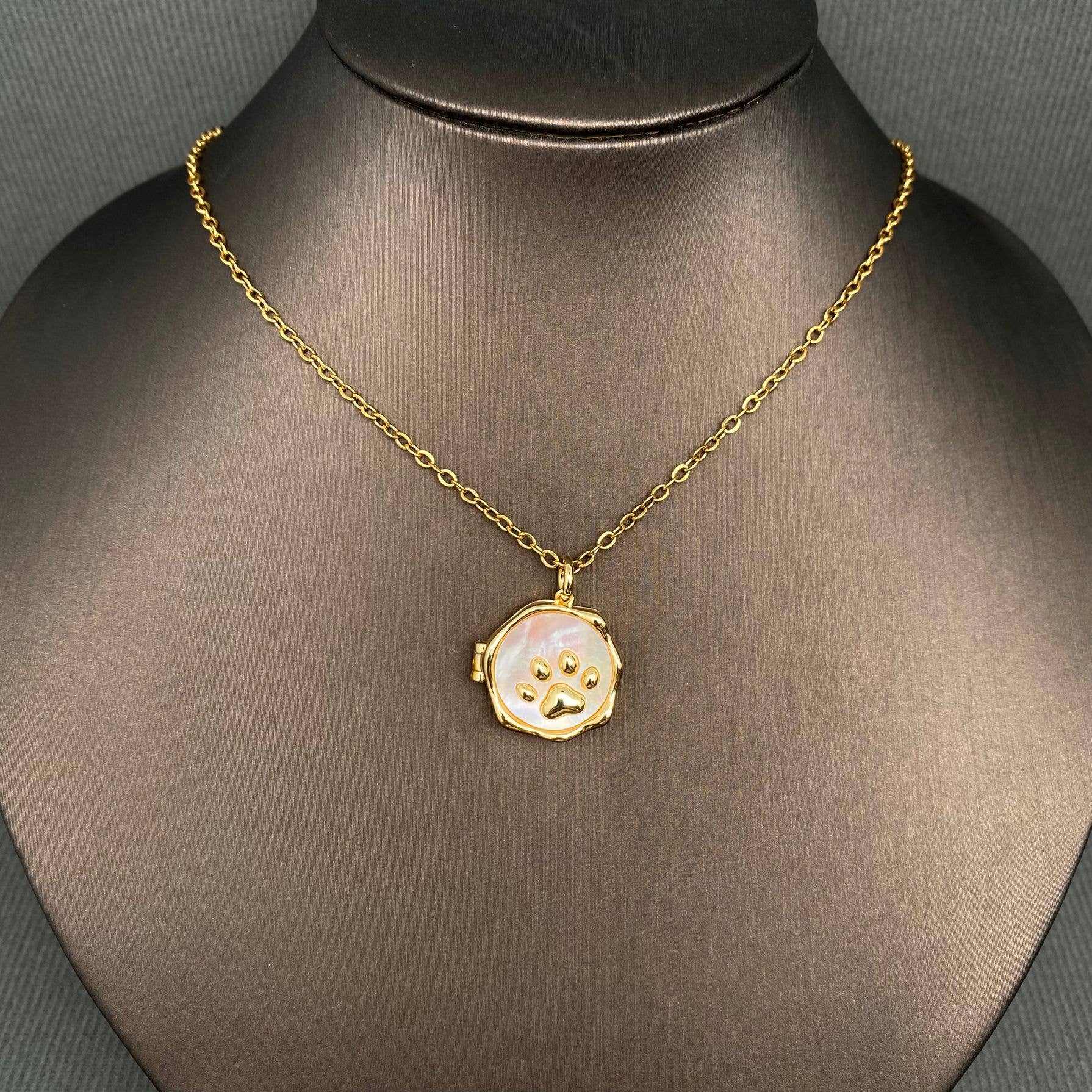 Shell Inlaid Cat's Paw Style Locket Charm Necklace