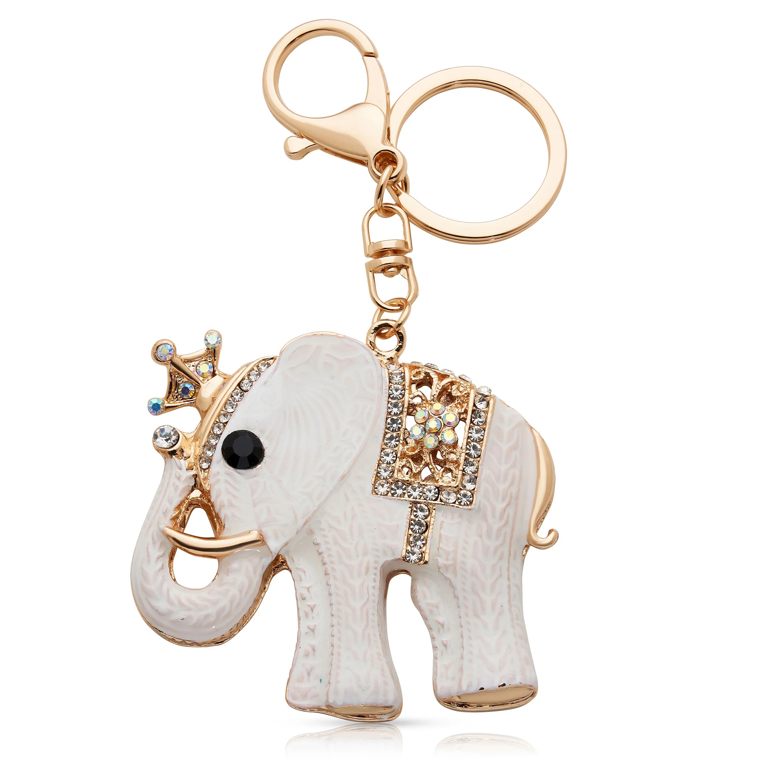 Gold tone white enamel and cubic zirconia elephant keyring