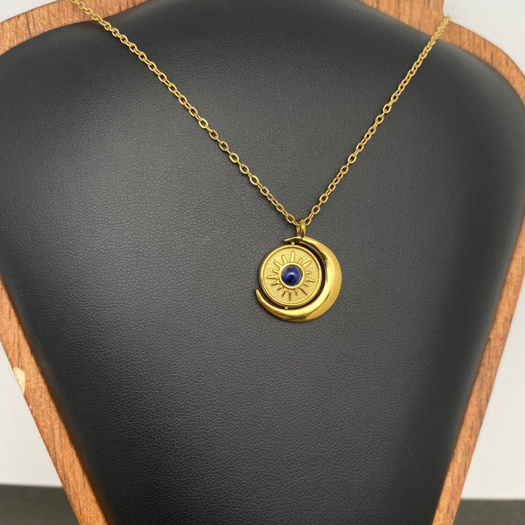 Rotatable Lapis Lazuli Sun Moon 18K Golden SS Necklace