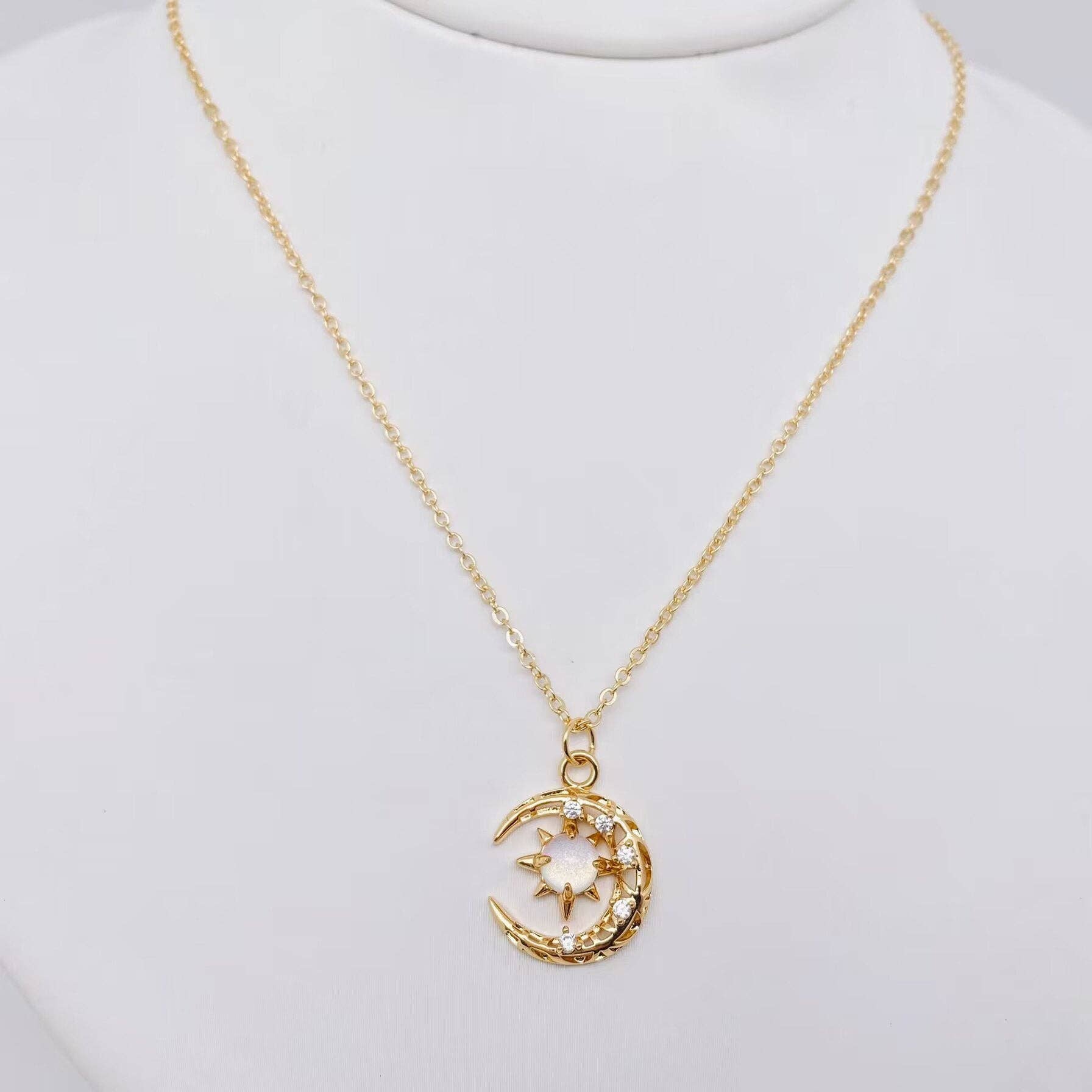 Fantastical Crystal Star Moon Pendant Necklace - MS