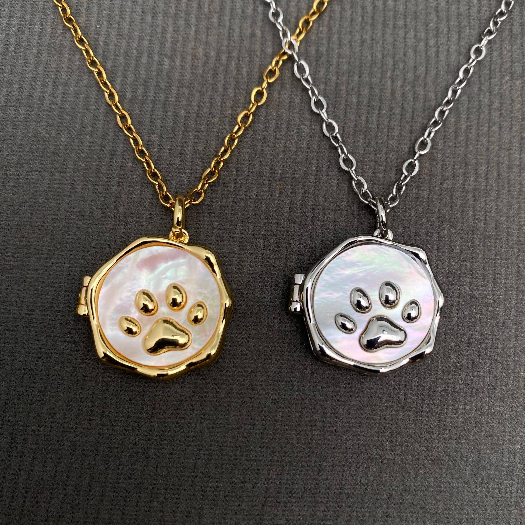 Shell Inlaid Cat's Paw Style Locket Charm Necklace