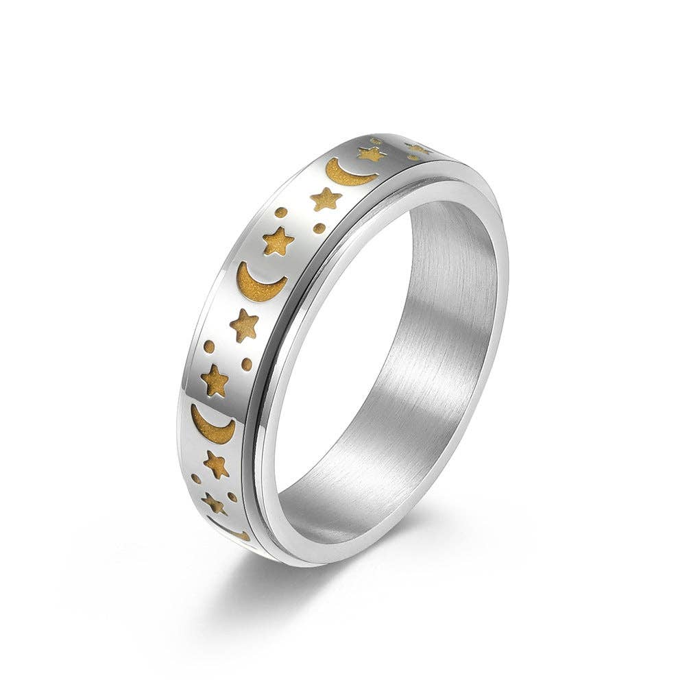 Luminous Stainless Steel Star Moon Rotatable Ring - MS