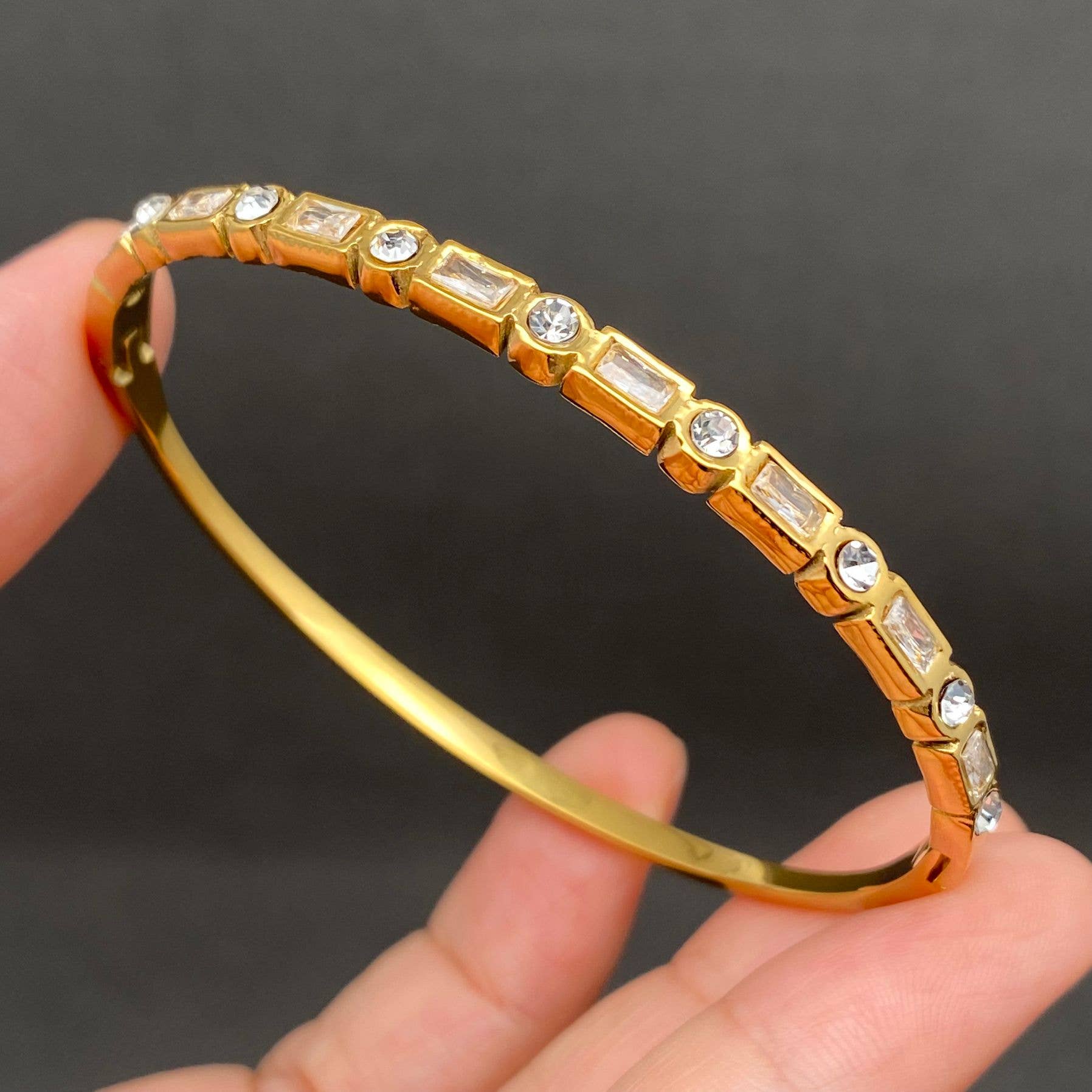Zircon inlaid 18K Gold Plated Stainless Steel Bangle