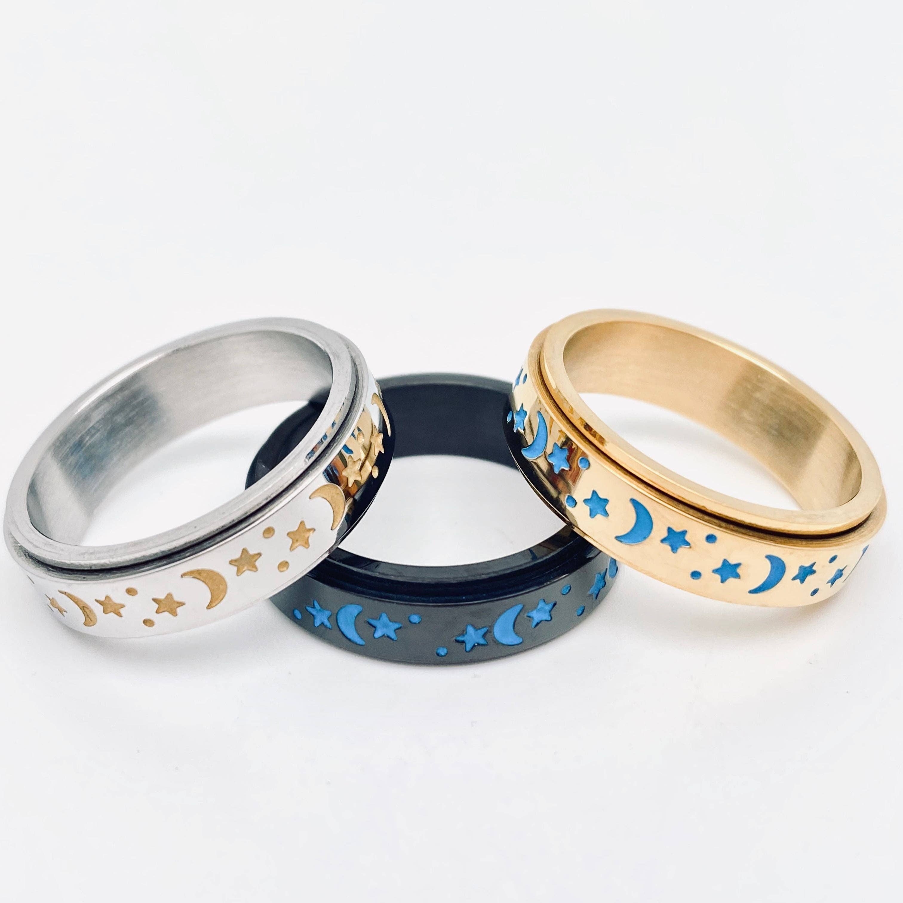 Luminous Stainless Steel Star Moon Rotatable Ring - MS