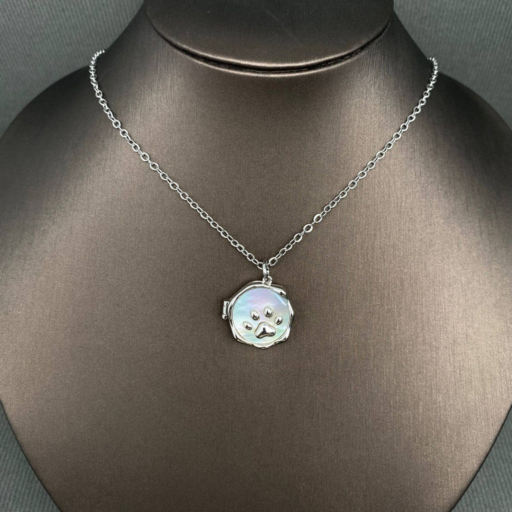 Shell Inlaid Cat's Paw Style Locket Charm Necklace