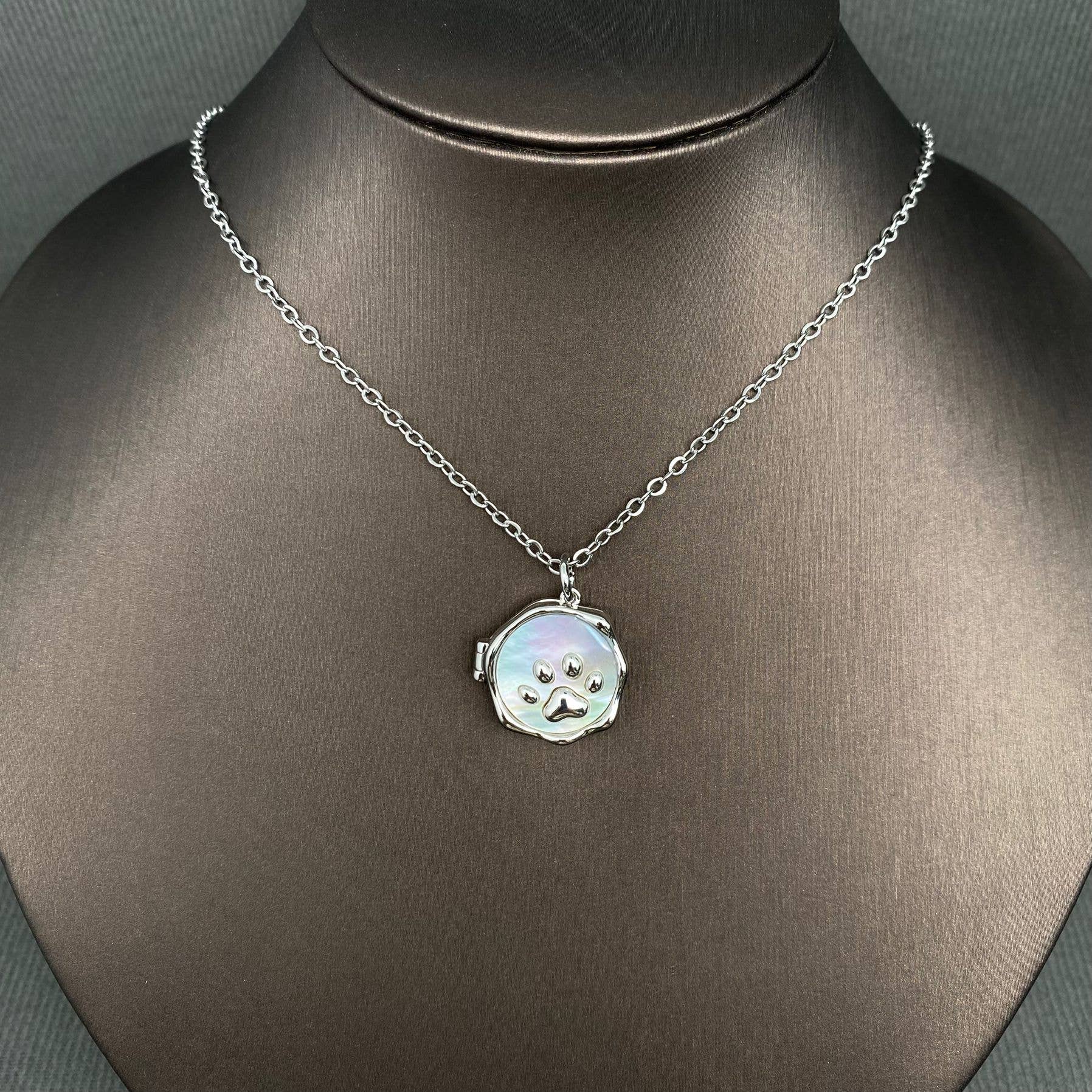 Shell Inlaid Cat's Paw Style Locket Charm Necklace