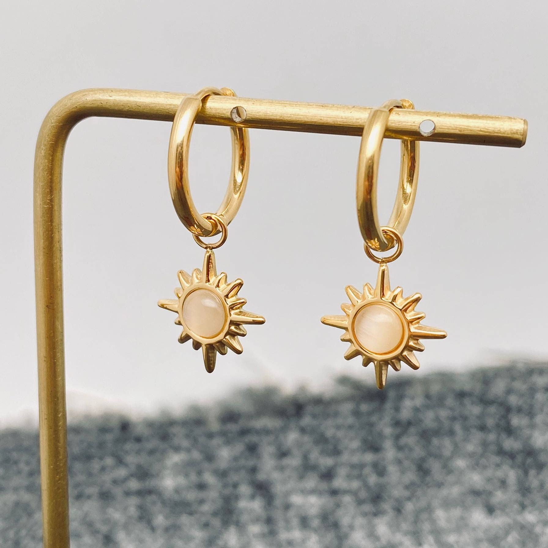 Cat's Eye Stone Sun Charm 18K Gold Plated SS Earrings