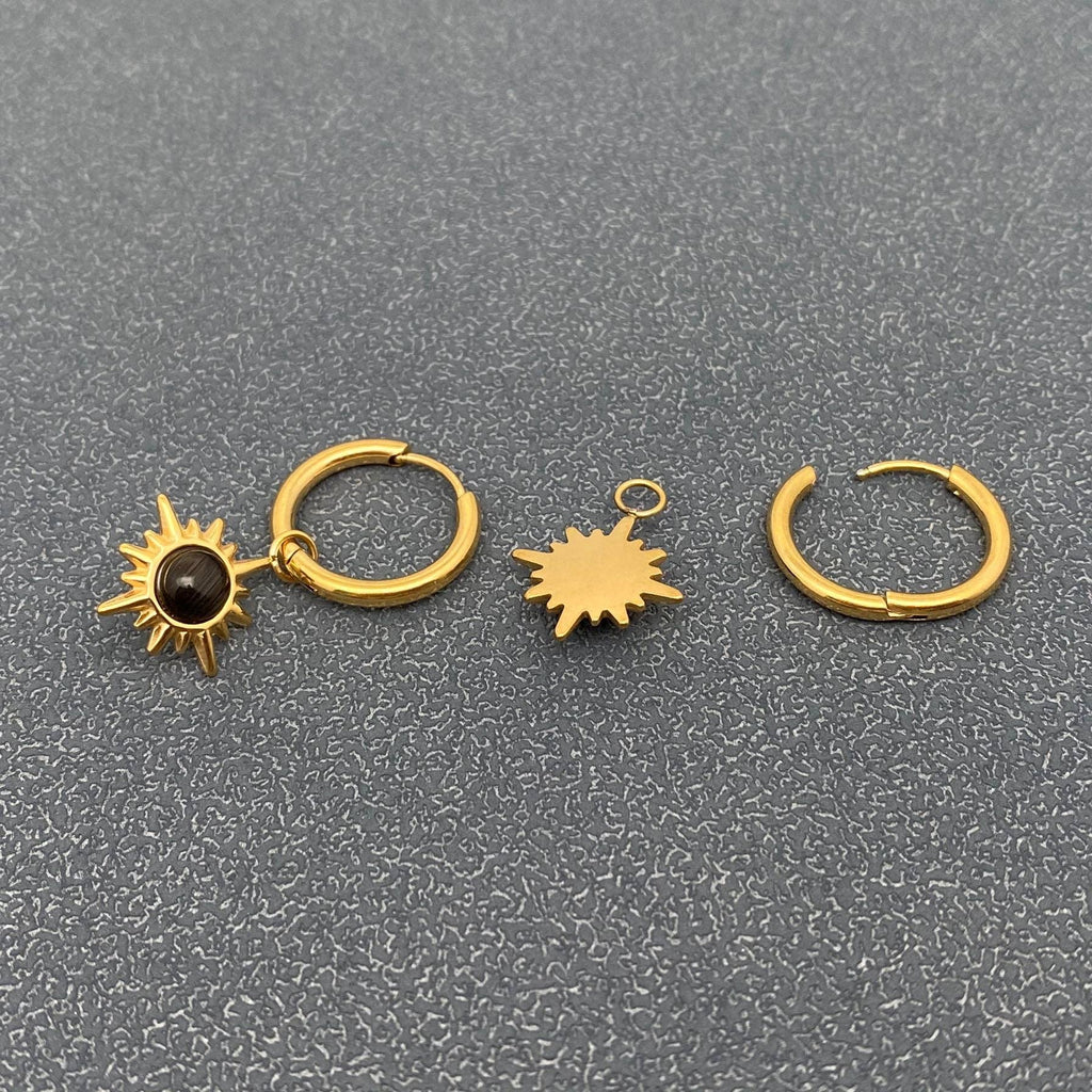 Cat's Eye Stone Sun Charm 18K Gold Plated SS Earrings