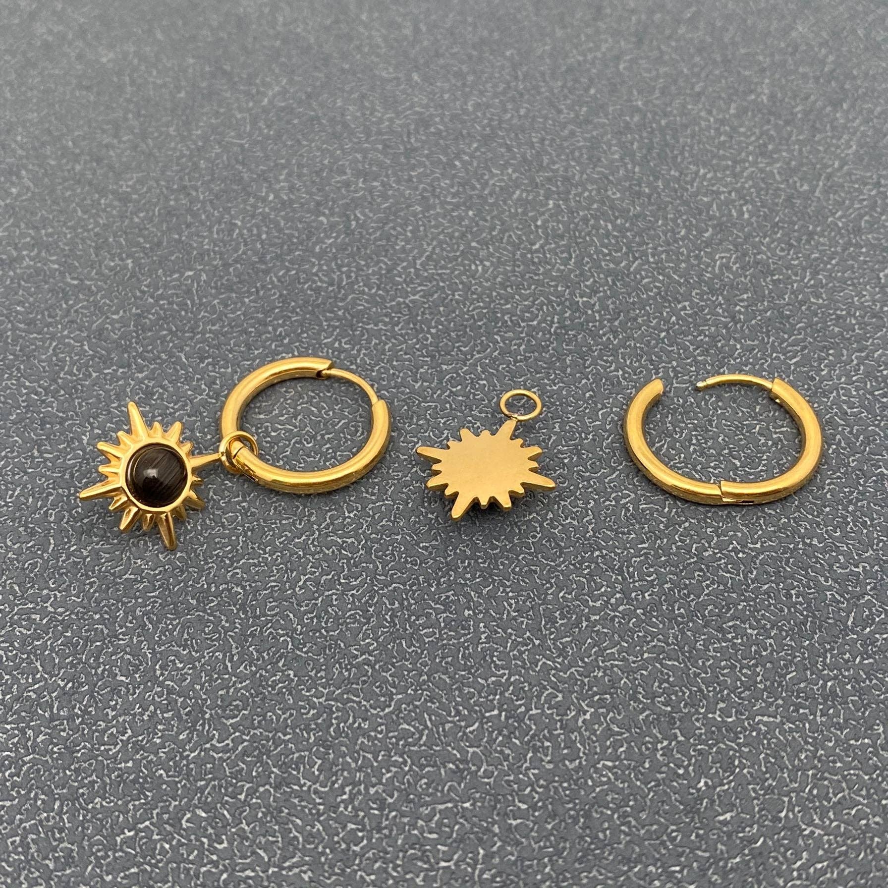 Cat's Eye Stone Sun Charm 18K Gold Plated SS Earrings