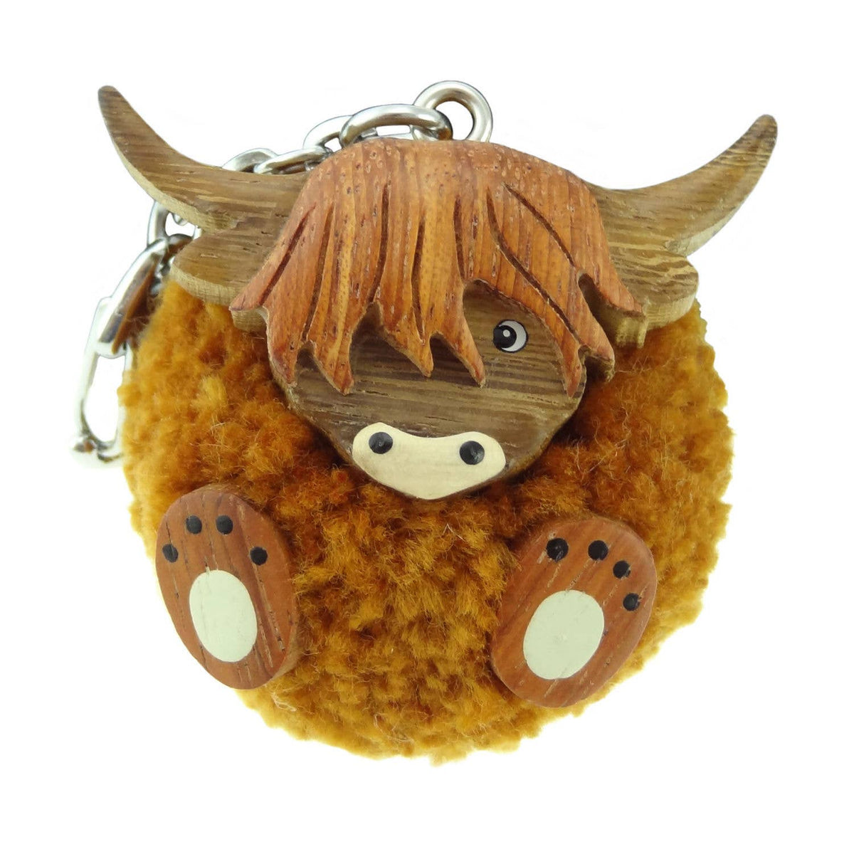 Wooden Highland Cow Pom-Pom Key Ring