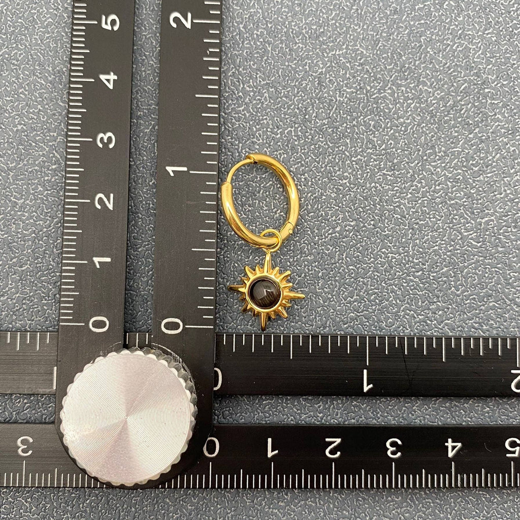 Cat's Eye Stone Sun Charm 18K Gold Plated SS Earrings