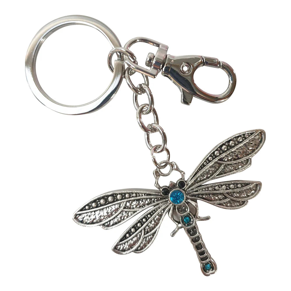 Silver and blue crystal dragonfly keyring