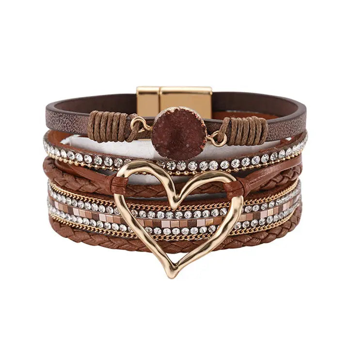 Brown Multi - Layer Heart Charm Bracelet