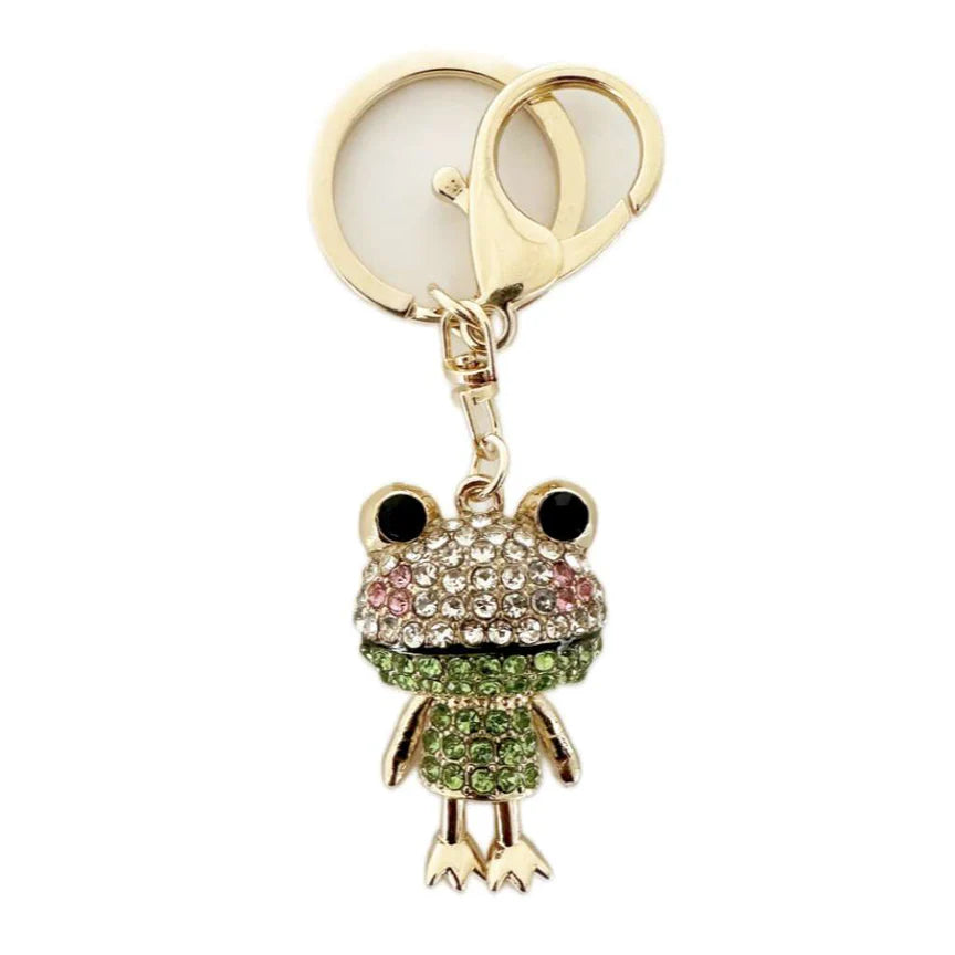 Gold tone green enamel and crystal frog keyring