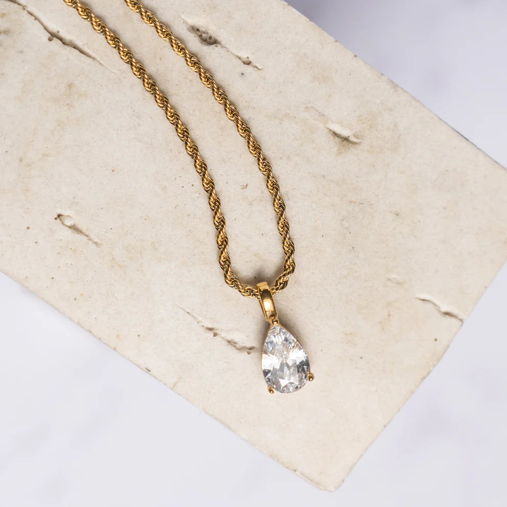 Marita pear cut pendant necklace with clear crystal by FAYA & CO