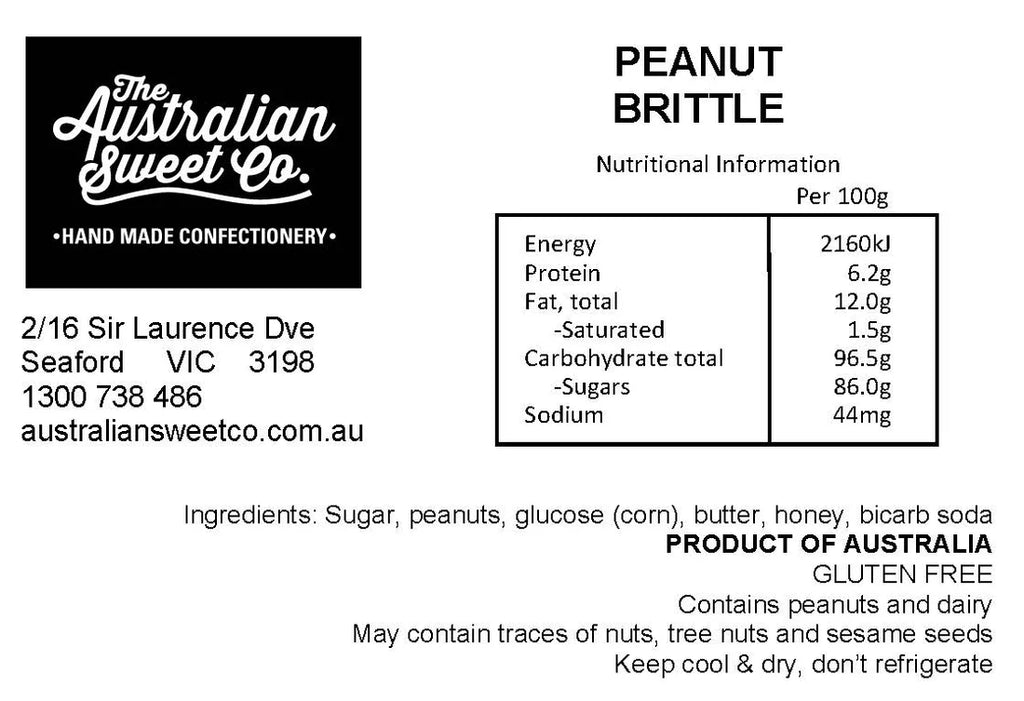 Peanut Brittle nutrition label by The Australian Sweet Co