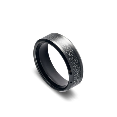 Blaze tungsten men's IP black plated ring with simulated meteorite inlay by DPI