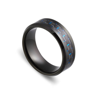 Blaze tungsten men’s IP black polished carbon fibre and blue inlay ring by DPI