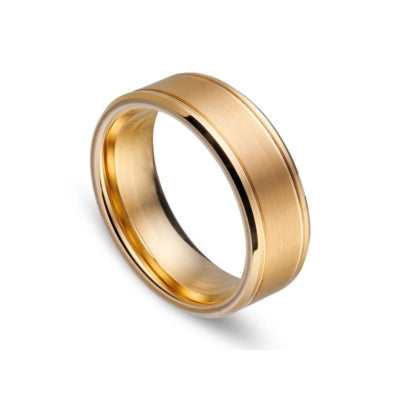 Blaze Infinity tungsten men’s brushed IP gold ring with polished edges by DPI