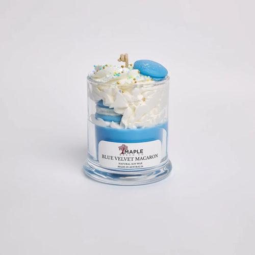 Blue Velvet Macaron Dessert Candle dessert-shaped scented soy candle by Maple Beech