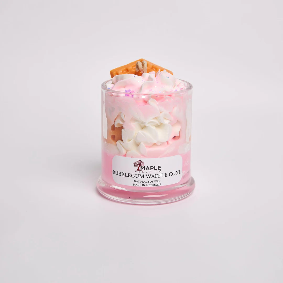 Bubblegum Waffle Cone Dessert Candle dessert-shaped scented soy candle by Maple Beech