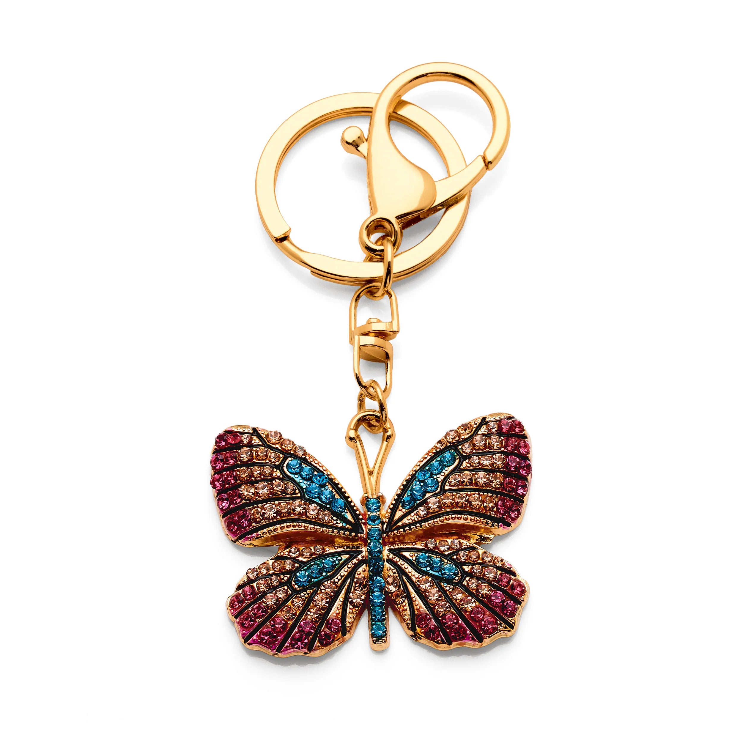 Gold tone blue crystal encrusted butterfly keyring
