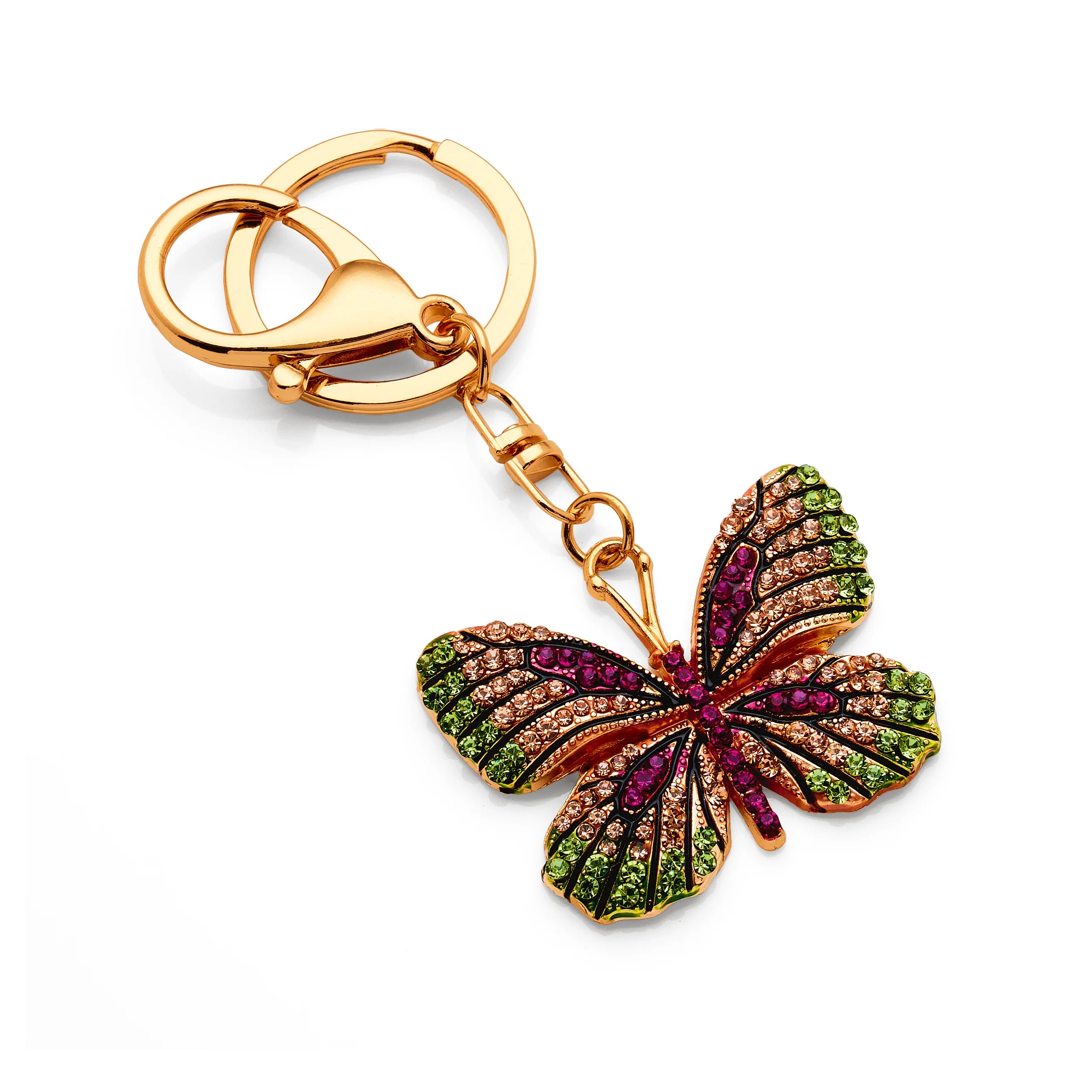 Gold tone pink crystal encrusted butterfly keyring