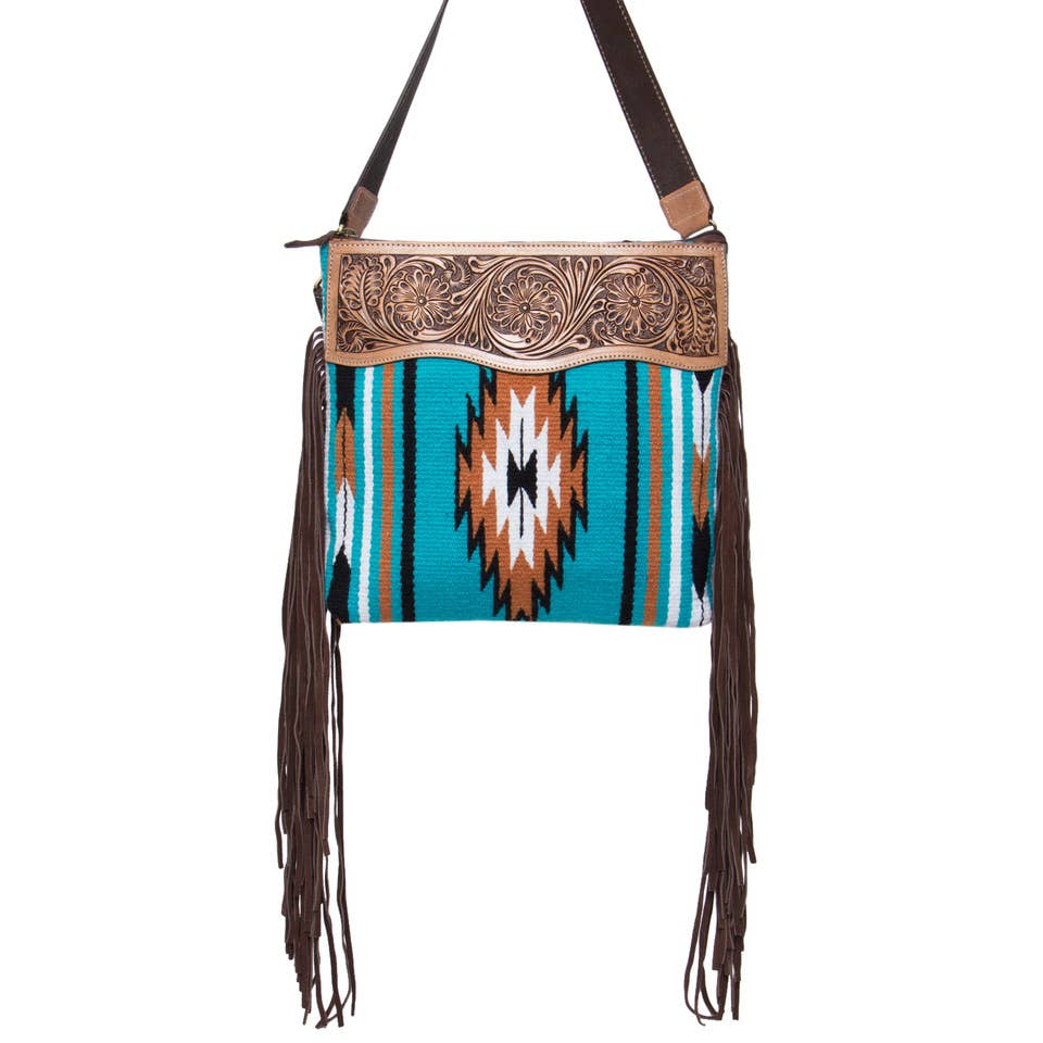 Turq Saddle Blanket Medium Bag with Tooled Leather - TSB13A