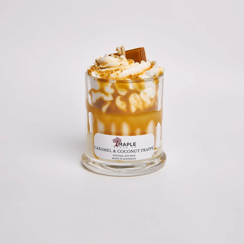 Caramel & Coconut Frappe Dessert Candle dessert-shaped scented soy candle by Maple Beech