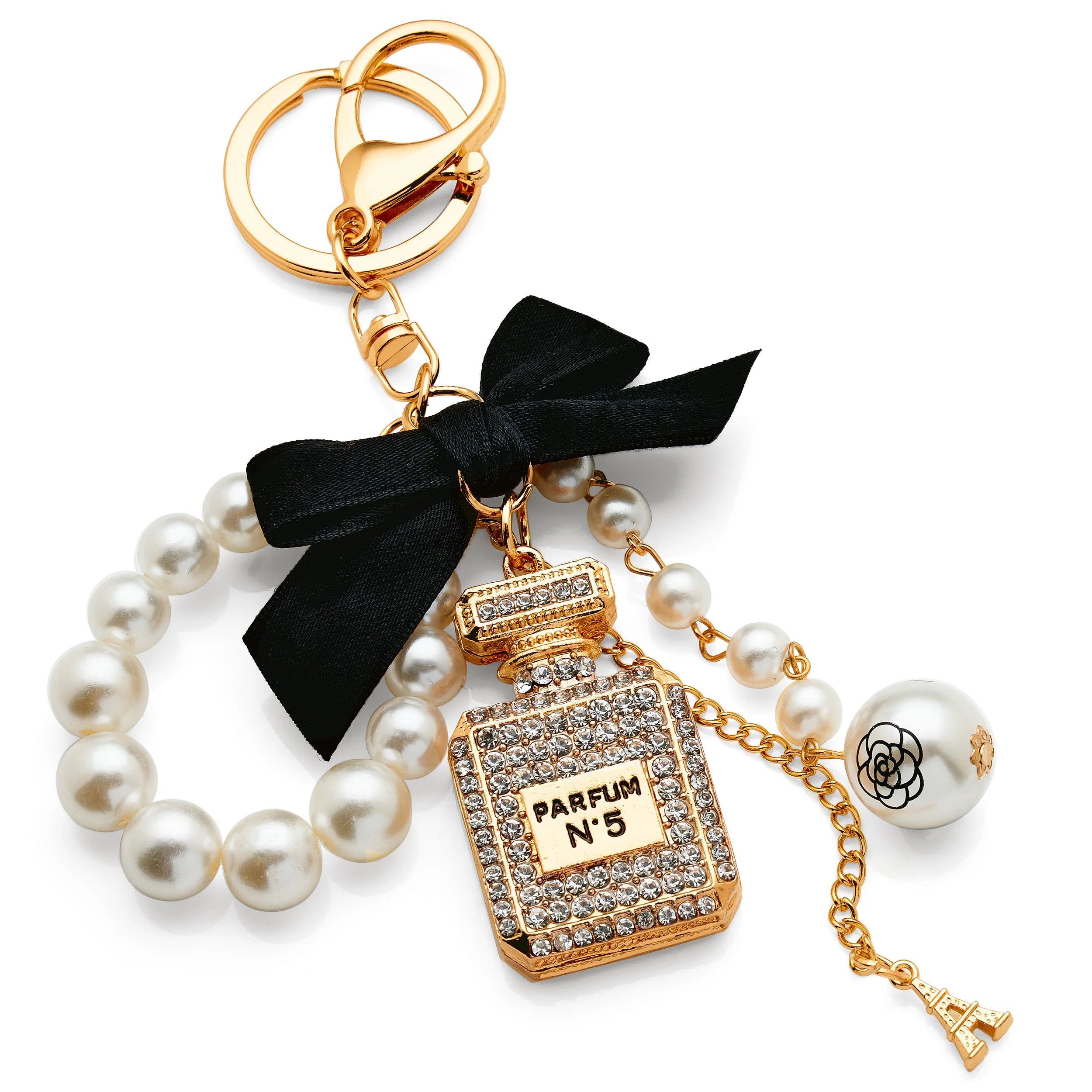 Gold tone white crystal perfume bottle with black bow and pearl keyring