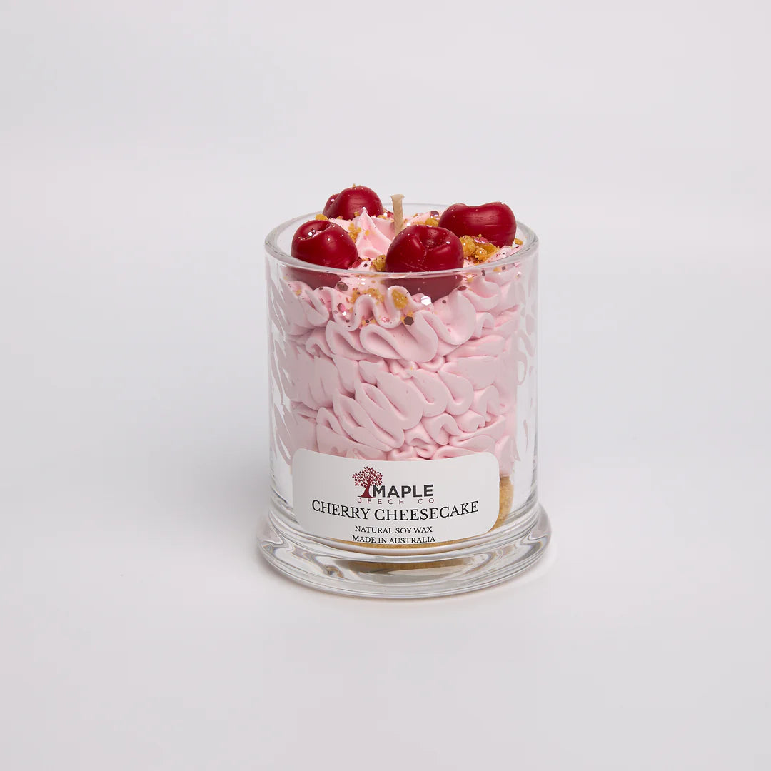Cherry Cheesecake Dessert Candle dessert-shaped scented soy candle by Maple Beech