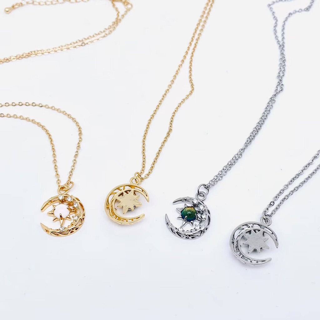 Fantastical Crystal Star Moon Pendant Necklace - MS