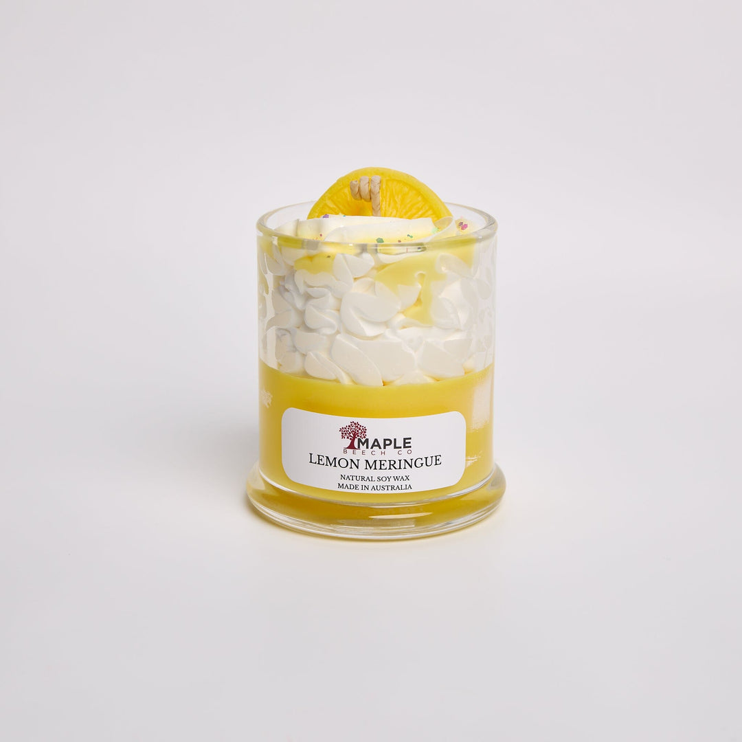 Lemon Meringue Dessert Candle dessert-shaped scented soy candle by Maple Beech