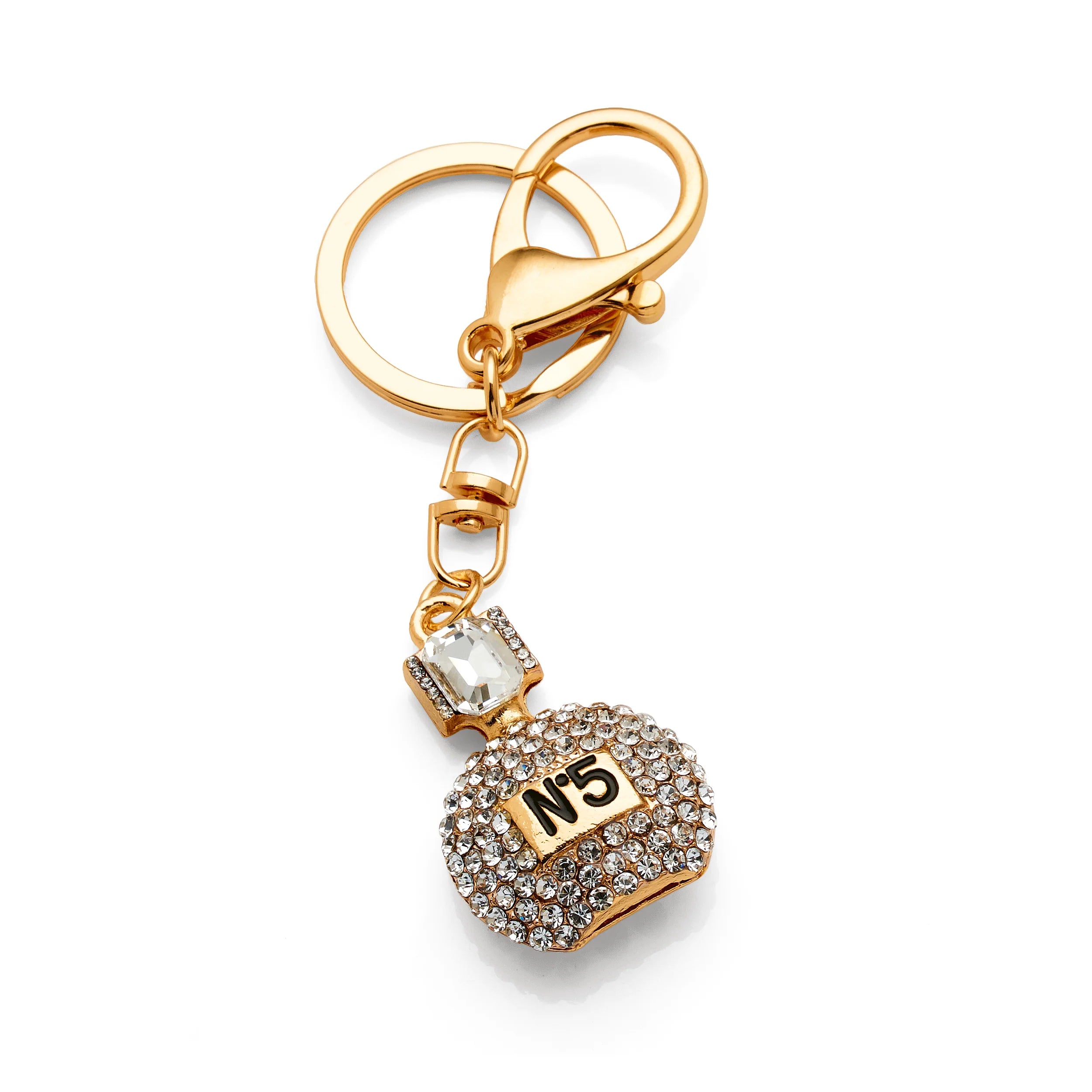 Gold tone crystal set No. 5 perfume bottle keyring