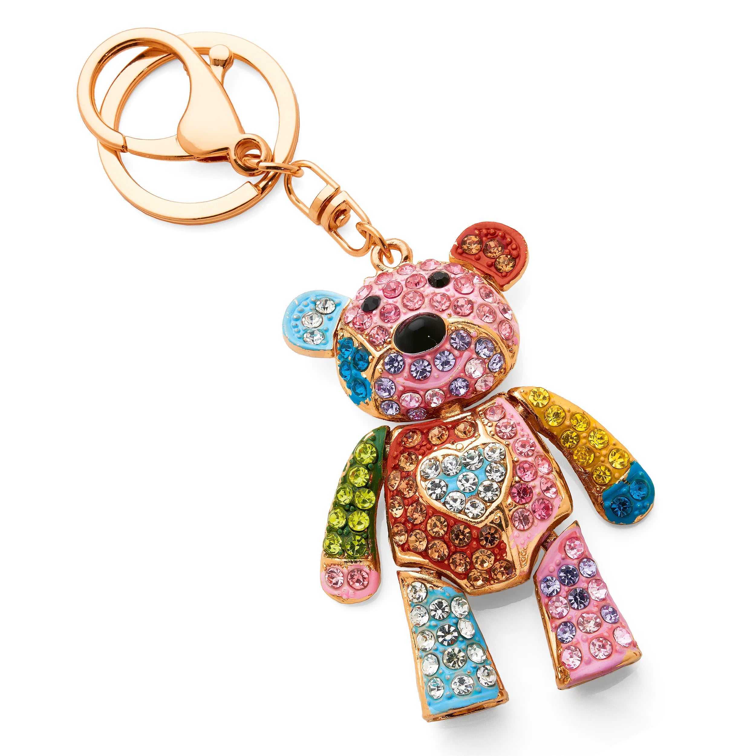 Gold tone multi-coloured crystal encrusted teddy bear keyring